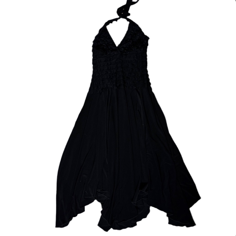 Bellessa dress ruffle frilly halter fairy asymmetrical hem black stretchy 10